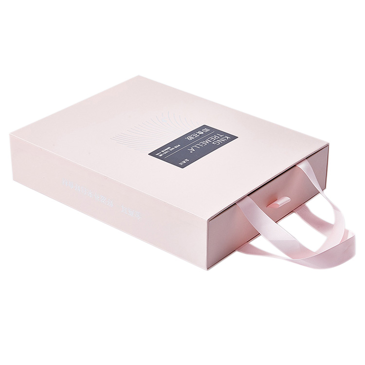 Customized logo gift paper drawer ribbon pull out box pink ,bag box paper with handle